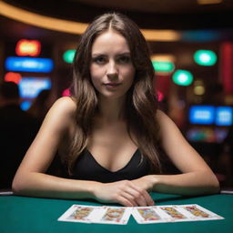 A confident young woman at a casino, immersed in the exhilarating game of poker with cash and cards spread out before her. Illuminated casino house with vibrant lighting in the background.