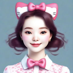 A realistic human version of Hello Kitty, maintaining her iconic features such as the bow and color scheme