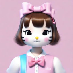 A realistic human version of Hello Kitty, maintaining her iconic features such as the bow and color scheme