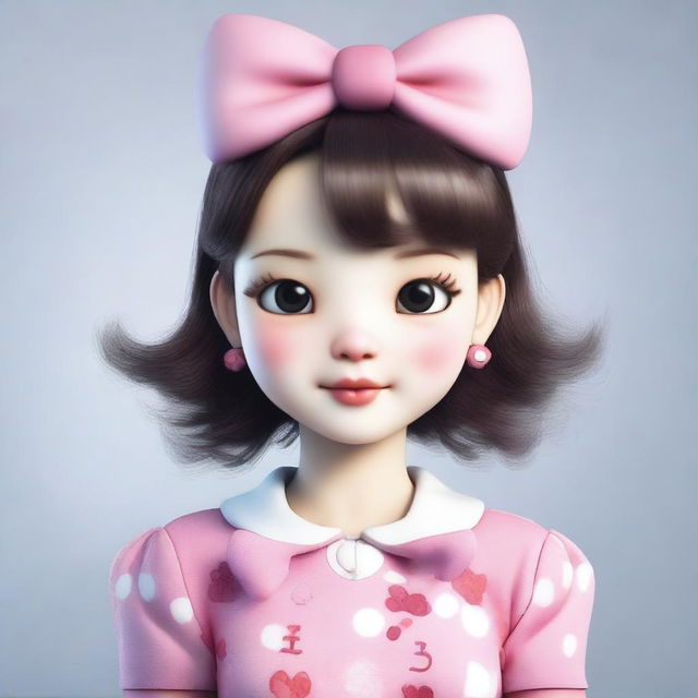 A realistic human version of Hello Kitty, maintaining her iconic features such as the bow and color scheme