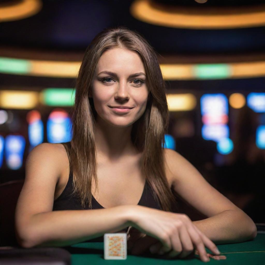 A confident young woman at a casino, immersed in the exhilarating game of poker with cash and cards spread out before her. Illuminated casino house with vibrant lighting in the background.