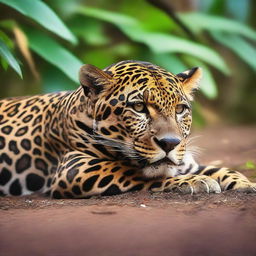 A jaguar lying down, with great detail, full body view, roaring