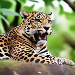 A jaguar lying down, with great detail, full body view, roaring