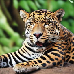 A jaguar lying down, with great detail, full body view, roaring