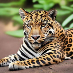 A jaguar lying down, with great detail, full body view, roaring