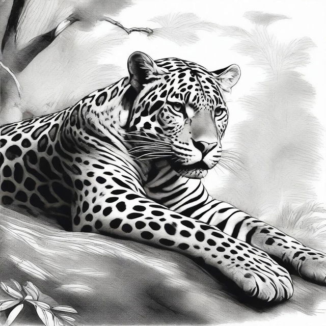 An illustration of a jaguar lying down, with great detail, full body view, roaring