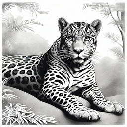 An illustration of a jaguar lying down, with great detail, full body view, roaring