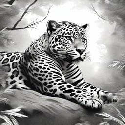 An illustration of a jaguar lying down, with great detail, full body view, roaring