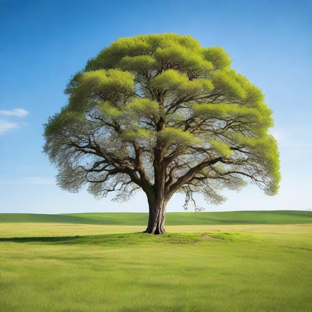 A tall, majestic tree standing alone in a vast open field under a clear blue sky