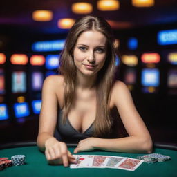 A confident young woman at a casino, immersed in the exhilarating game of poker with cash and cards spread out before her. Illuminated casino house with vibrant lighting in the background.