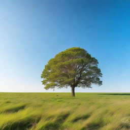 A tall, majestic tree standing alone in a vast open field under a clear blue sky