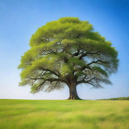 A tall, majestic tree standing alone in a vast open field under a clear blue sky