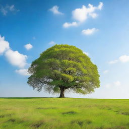 A tall, majestic tree standing alone in a vast open field under a clear blue sky