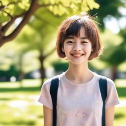 A young girl with short hair, smiling brightly