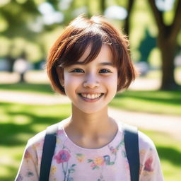 A young girl with short hair, smiling brightly