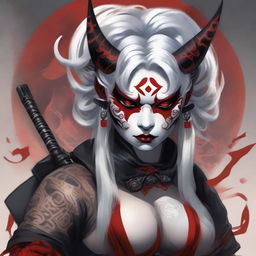 A beautiful Oni woman with red skin, white hair, and black and red horns