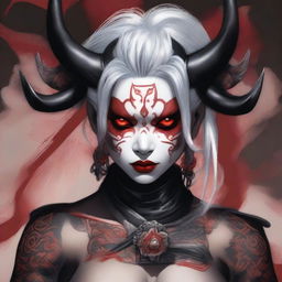 A beautiful Oni woman with red skin, white hair, and black and red horns