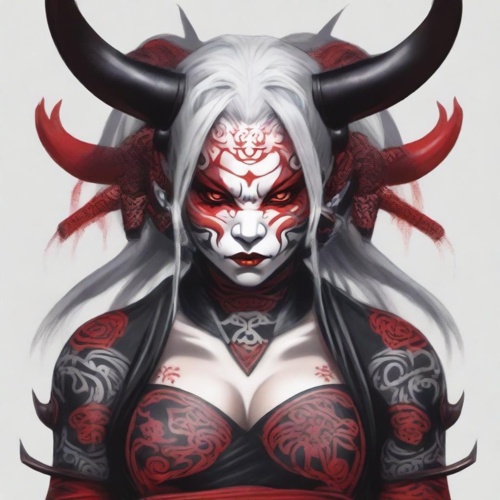 A beautiful Oni woman with red skin, white hair, and black and red horns