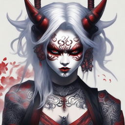 A beautiful Oni woman with red skin, white hair, and black and red horns