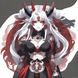 A beautiful Oni woman with striking red skin and flowing white hair