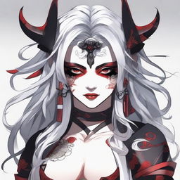 A beautiful Oni woman with striking red skin and flowing white hair