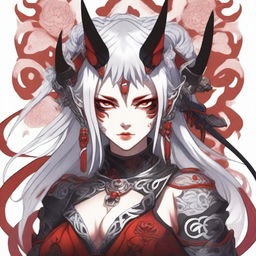 A beautiful Oni woman with striking red skin and flowing white hair