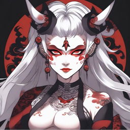 A beautiful Oni woman with striking red skin and flowing white hair