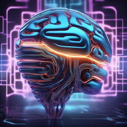 Create an image featuring a futuristic, cybernetic brain with neon lights and intricate circuitry patterns