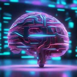 Create an image featuring a futuristic, cybernetic brain with neon lights and intricate circuitry patterns