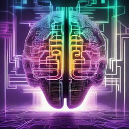 Create an image featuring a futuristic, cybernetic brain with neon lights and intricate circuitry patterns