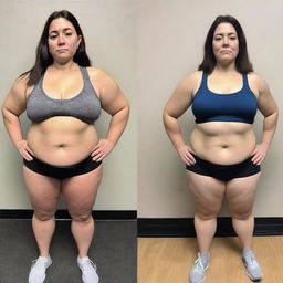 A side-by-side comparison of a woman before and after losing weight, showcasing her transformation