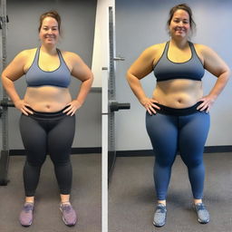 A side-by-side comparison of a woman before and after losing weight, showcasing her transformation