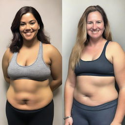 A side-by-side comparison of a woman before and after losing weight, showcasing her transformation