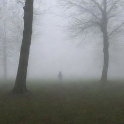 The previously described girl spots a mysterious man in the distance of the eerie park, barely visible in the chilling mist.