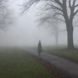 The previously described girl spots a mysterious man in the distance of the eerie park, barely visible in the chilling mist.