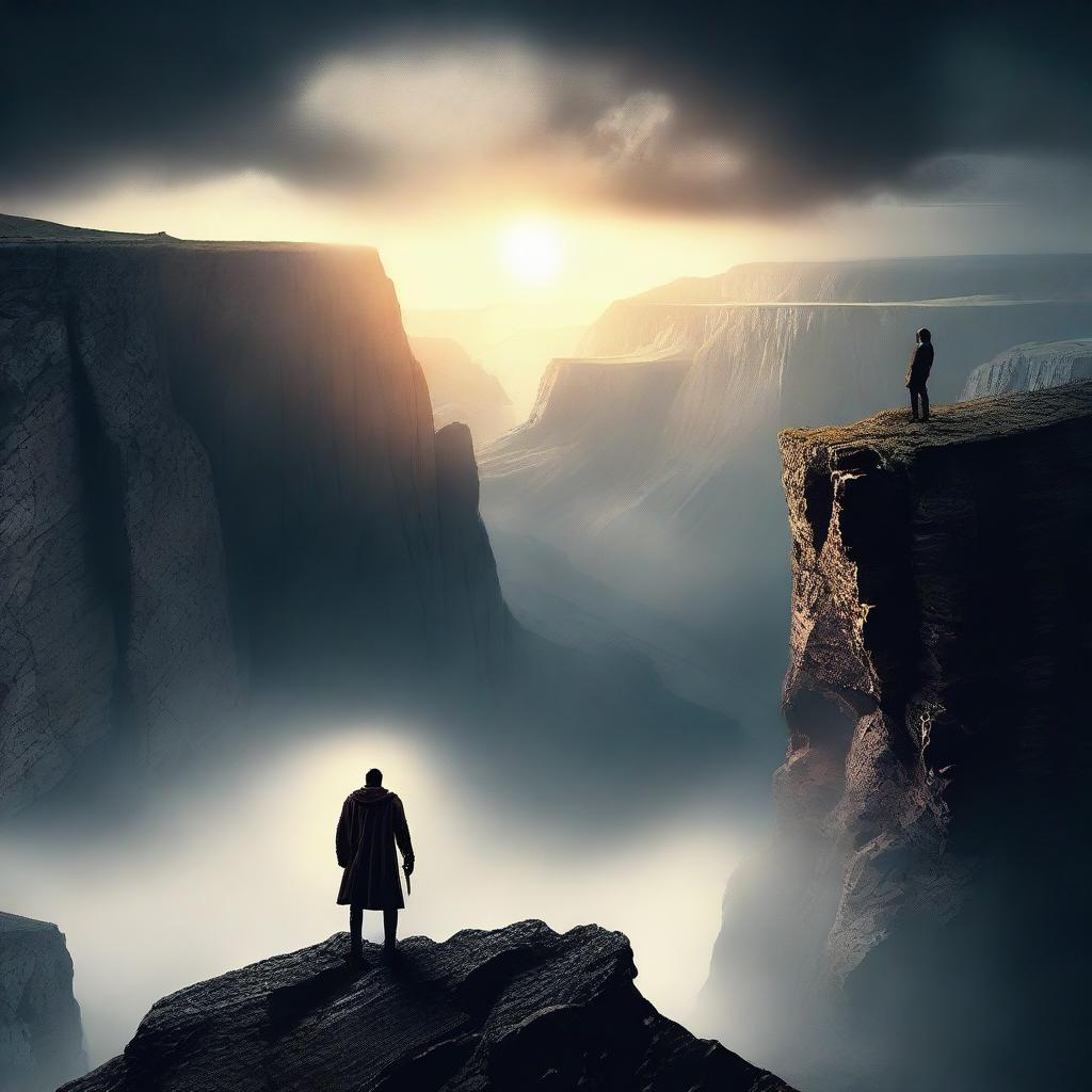 Create a captivating movie poster featuring an epic adventure with a hero standing on a cliff, looking over a vast, mysterious landscape