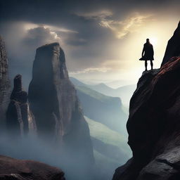 Create a captivating movie poster featuring an epic adventure with a hero standing on a cliff, looking over a vast, mysterious landscape