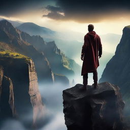 Create a captivating movie poster featuring an epic adventure with a hero standing on a cliff, looking over a vast, mysterious landscape