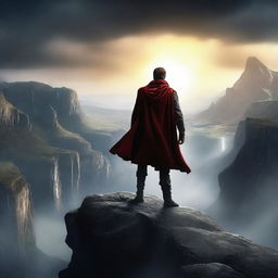 Create a captivating movie poster featuring an epic adventure with a hero standing on a cliff, looking over a vast, mysterious landscape