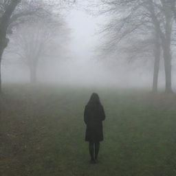 The previously described girl spots a mysterious man in the distance of the eerie park, barely visible in the chilling mist.