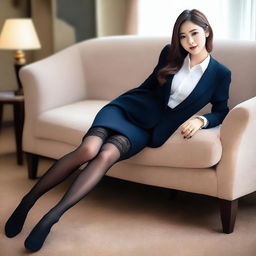 A captivating image of an attractive Asian woman wearing stylish stockings that go above her knees