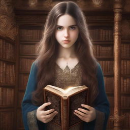 Book cover of a girl with long brown hair, with a shocked expression while she is doing magic in a big but secluded library