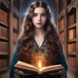 Book cover of a girl with long brown hair, with a shocked expression while she is doing magic in a big but secluded library