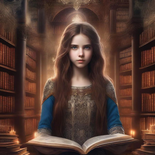 Book cover of a girl with long brown hair, with a shocked expression while she is doing magic in a big but secluded library