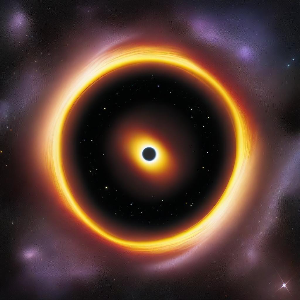 A black hole or central portal in space, appearing like a deep, intense black circle