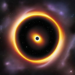 A black hole or central portal in space, appearing like a deep, intense black circle