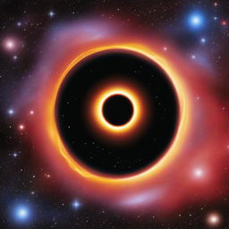 A black hole or central portal in space, appearing like a deep, intense black circle