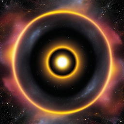 A black hole or central portal in space, appearing like a deep, intense black circle