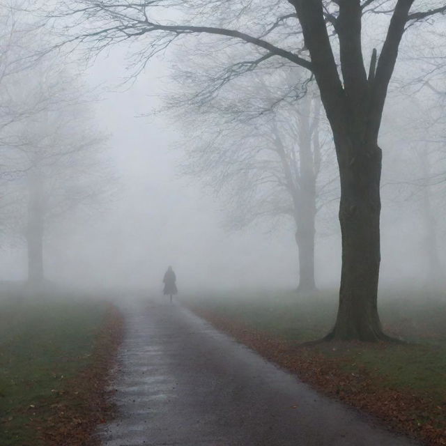 The previously described girl spots a mysterious man in the distance of the eerie park, barely visible in the chilling mist.