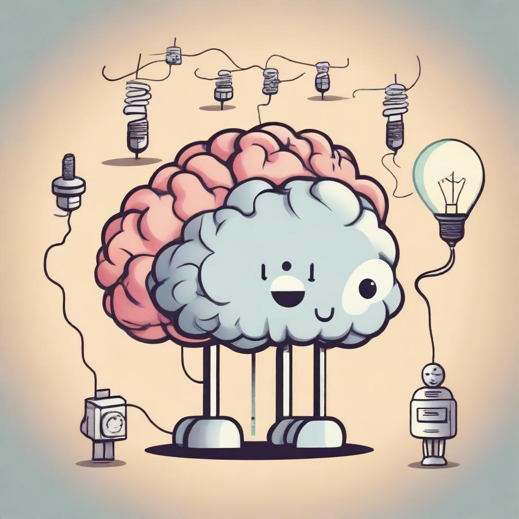 A detailed illustration of a human brain that appears to be actively thinking, with thought lines or light bulbs around it